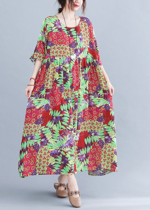 Green Patchwork Wrinkled Party Long Dress Short Sleeve