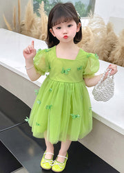 Green Patchwork Wrinkled Tulle Kids Maxi Dresses Short Sleeve