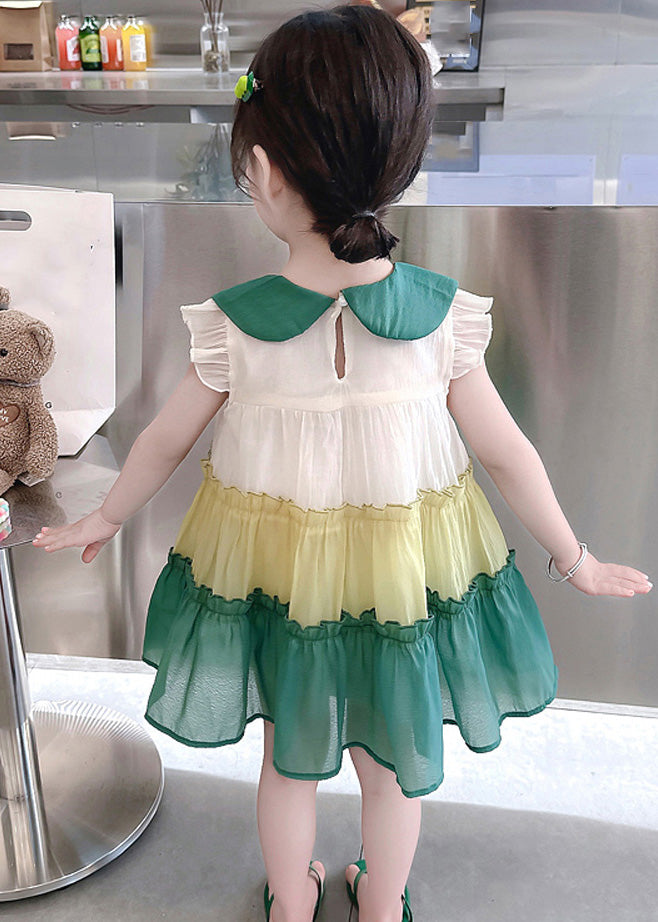 Green Peter Pan Collar Bow Cotton Girls Mid Dresses Summer