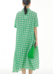 Green Peter Pan Collar Cotton Long Dresses Short Sleeve