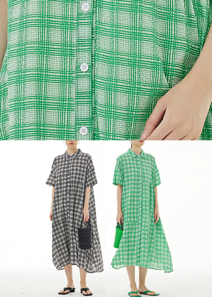 Green Peter Pan Collar Cotton Long Dresses Short Sleeve