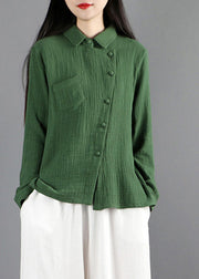 Green Peter Pan Collar Pockets Tops Long Sleeve