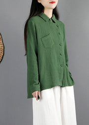 Green Peter Pan Collar Pockets Tops Long Sleeve