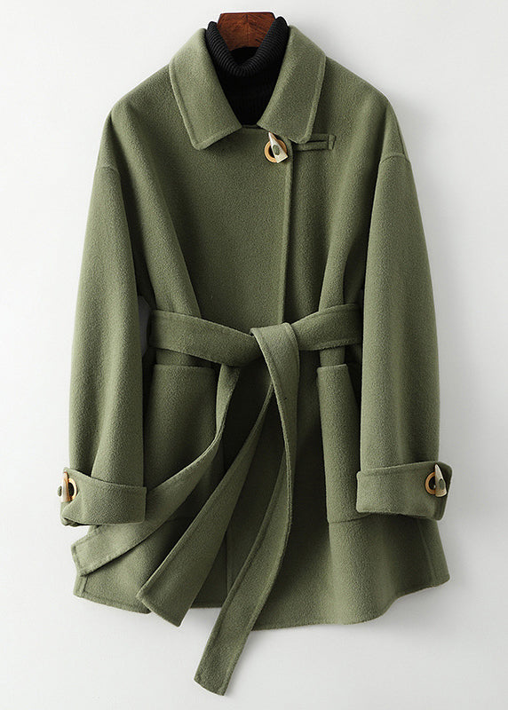 Green Peter Pan Collar Tie Waist Woolen Coats Fall