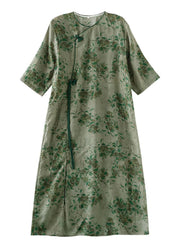 Green Pink Patchwork Linen Long Dress Tasseled Button Summer