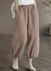 Green Plaid Lace Up Linen Crop Pants High Waist Summer