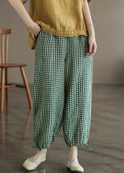 Green Plaid Lace Up Linen Crop Pants High Waist Summer