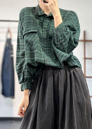 Green Plaid Linen Blouse Top Peter Pan Collar Fall