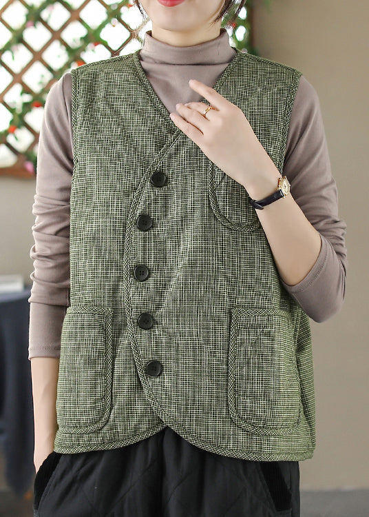 Green Plaid Pockets Button Fine Cotton Filled Vest V Neck Sleeveless