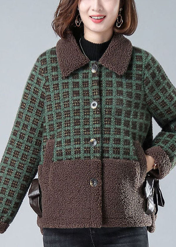 Green Plaid Warm Faux Fur Coats Bow Pockets Winter