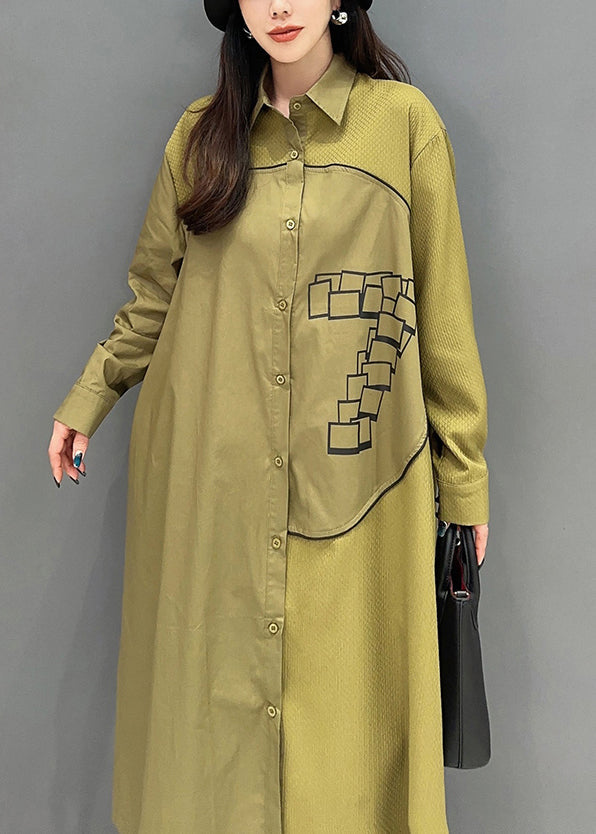 Green Pockets Cotton Blouse Dress Peter Pan Collar Long Sleeve