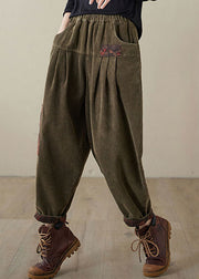 Green Pockets Elastic Waist Corduroy Fleece Pants