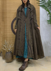 Green Pockets Linen Long Trench Coat Notched Long Sleeve