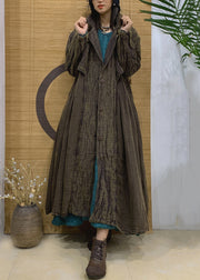 Green Pockets Linen Long Trench Coat Notched Long Sleeve