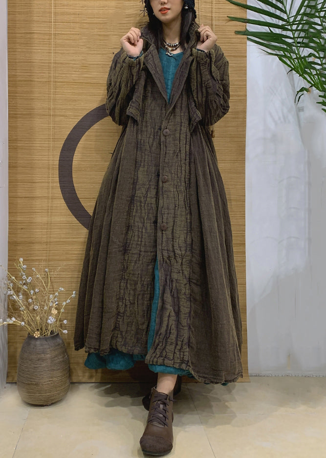 Green Pockets Linen Long Trench Coat Notched Long Sleeve