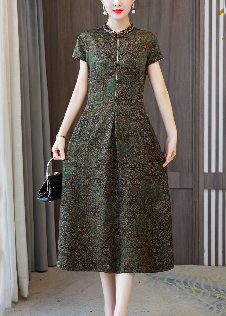 Green Pockets Long Dresses Stand Collar Short Sleeve