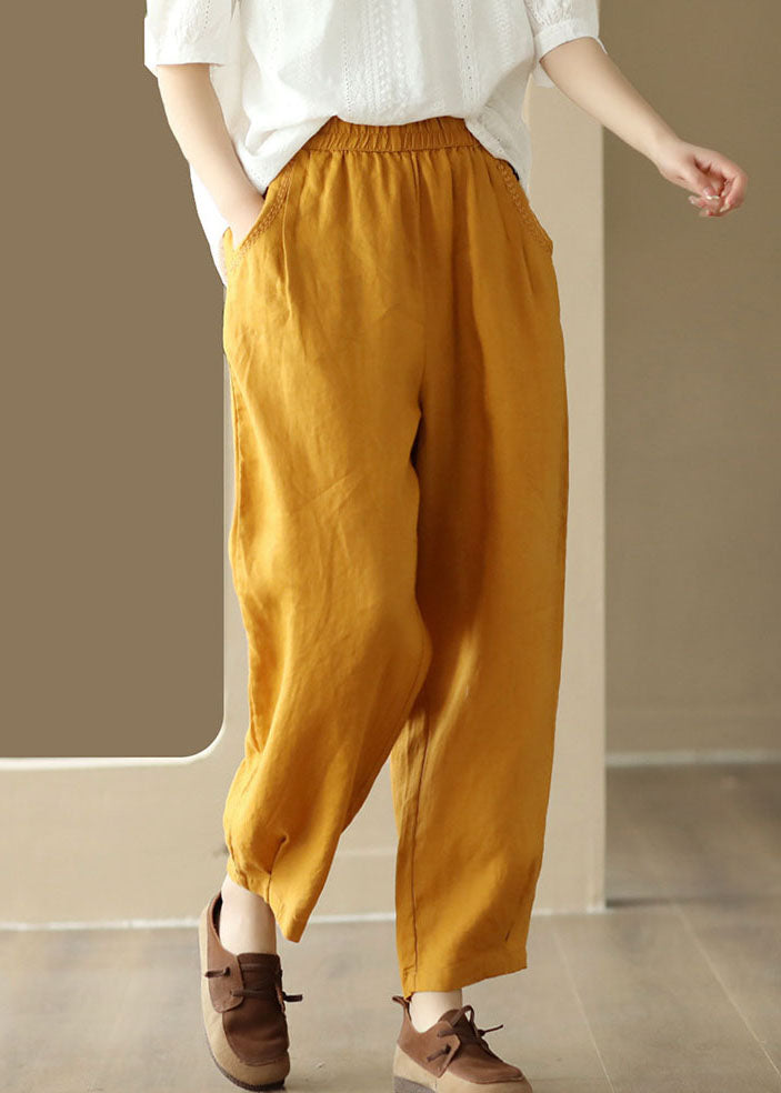 Green Pockets Patchwork Linen Pants Elastic Waist Summer