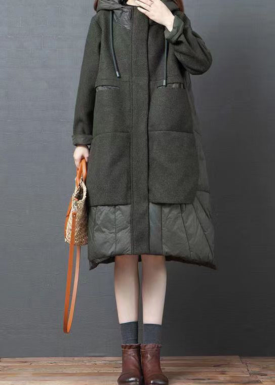 Green Pockets Patchwork Thick Woolen Long Coat Zip Up Long Sleeve