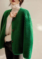 Green Pockets Patchwork Wool Coats O Neck Button Winter