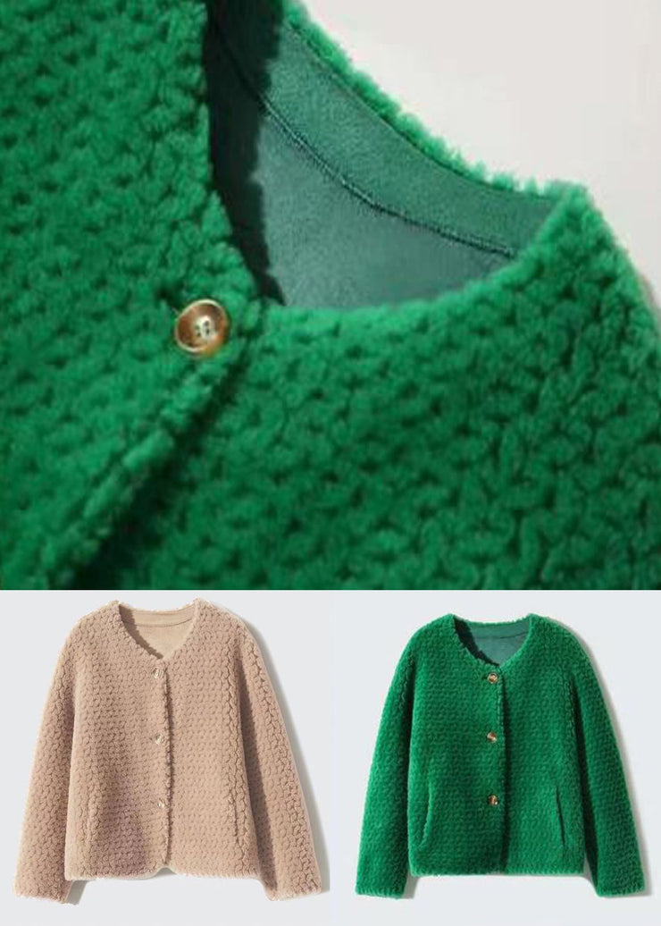 Green Pockets Patchwork Wool Coats O Neck Button Winter