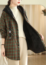 Green Pockets Plaid Loose Warm Fleece Jacket Hooded Winter