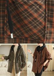 Green Pockets Plaid Loose Warm Fleece Jacket Hooded Winter