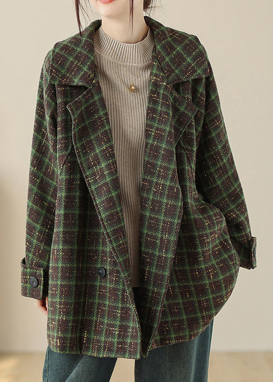 Green Pockets Plaid Woolen Coat Peter Pan Collar Double Breast Fall