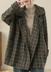 Green Pockets Plaid Woolen Coat Peter Pan Collar Double Breast Fall