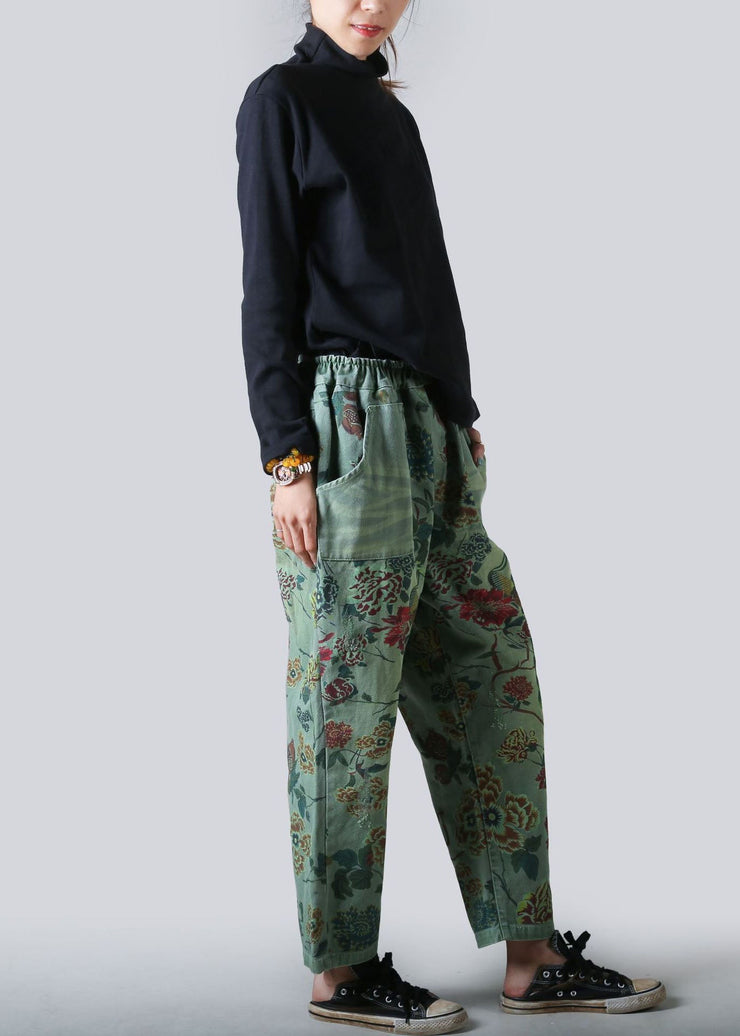 Green Pockets Print Pants Straight Denim Elastic Waist Spring