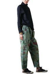 Green Pockets Print Pants Straight Denim Elastic Waist Spring