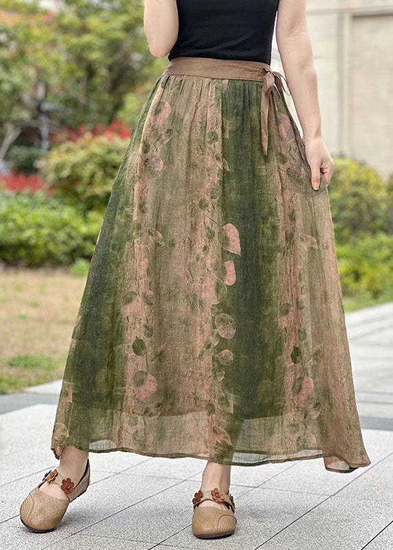 Green Pockets Print Patchwork Linen Skirts Lace Up Summer