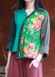 Green Print Asymmetrical Shirt Long Sleeve