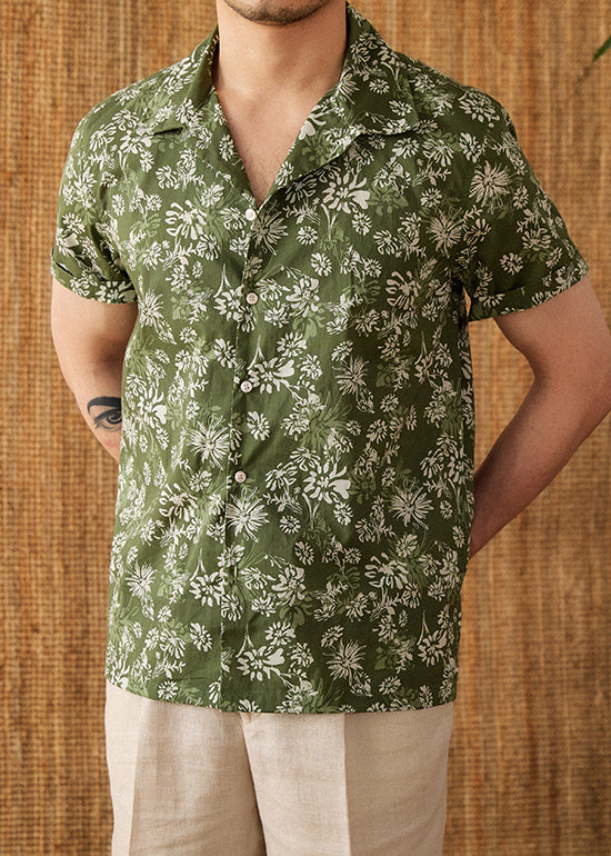 Green Print Button Cotton Men Shirt Peter Pan Collar Short Sleeve