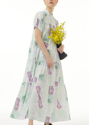 Green Print Button Maxi Dress Short Sleeve