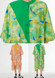 Green Print Button Patchwork Cotton Dresses Low High Design Summer