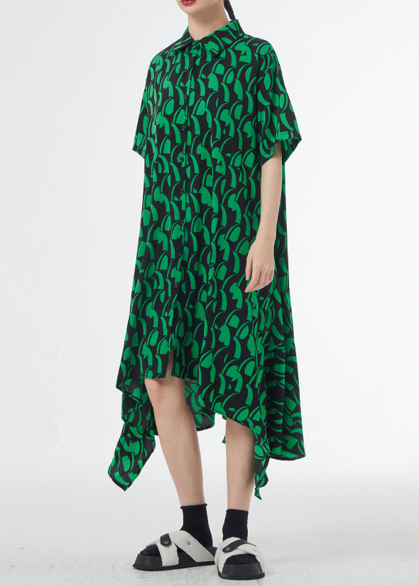 Green Print Button Patchwork Silk Cotton Shirts Dresses Peter Pan Collar Short Sleeve