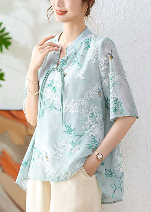 Green Print Chiffon Blouses Stand Collar Half Sleeve