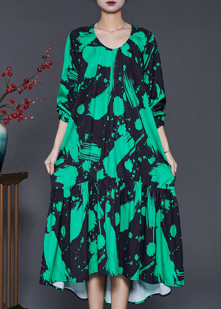 Green Print Chiffon Holiday Dress Oversized Ruffles Spring
