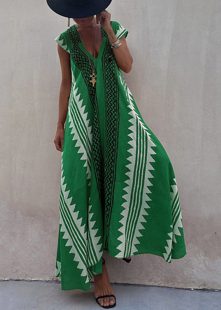 Green Print Chiffon Long Dress Asymmetrical Summer