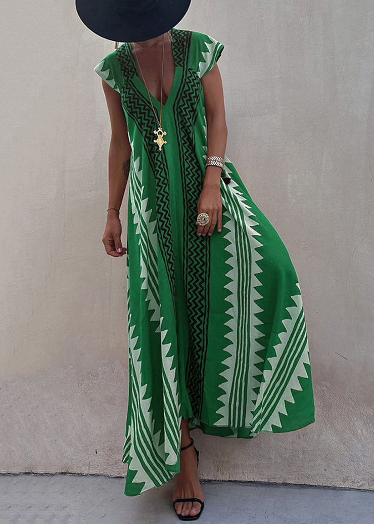 Green Print Chiffon Long Dress Asymmetrical Summer