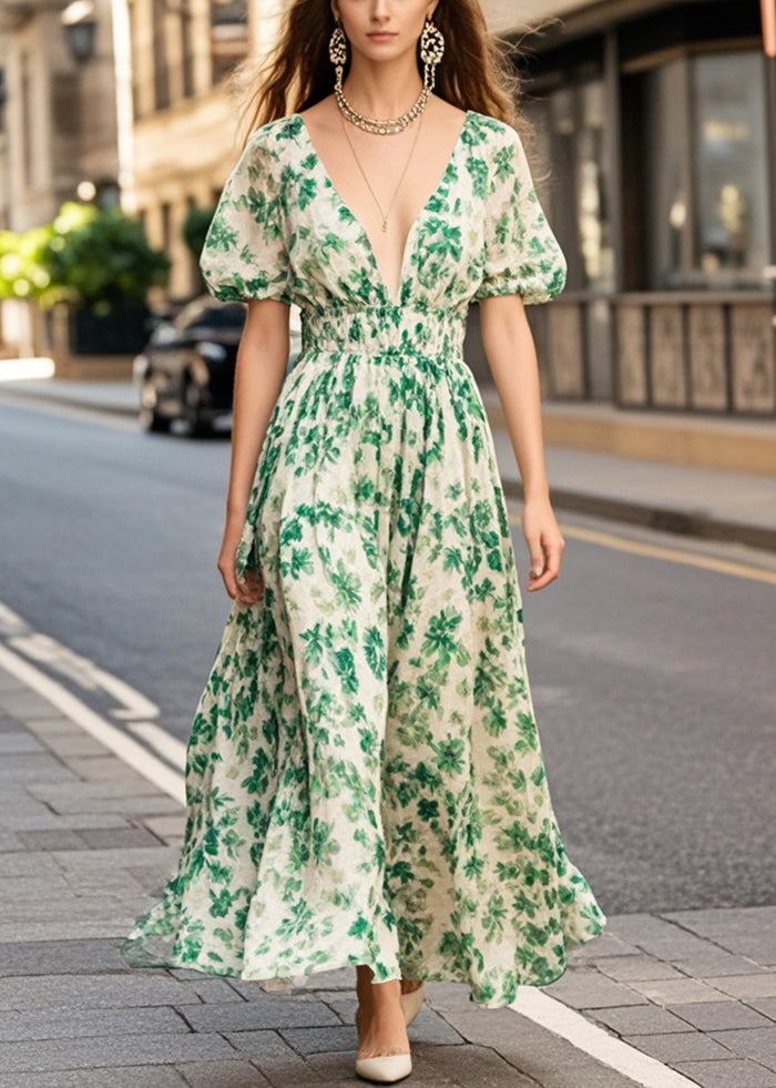 Green Print Chiffon Long Dresses Deep-V Neck Puff Sleeve