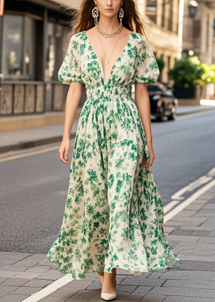 Green Print Chiffon Long Dresses Deep-V Neck Puff Sleeve