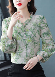 Green Print Chiffon Shirt Top Oversized Ruffled Spring