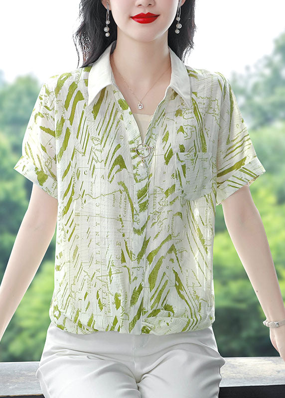 Green Print Chiffon Shirts Peter Pan Collar Short Sleeve