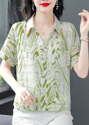 Green Print Chiffon Shirts Peter Pan Collar Short Sleeve