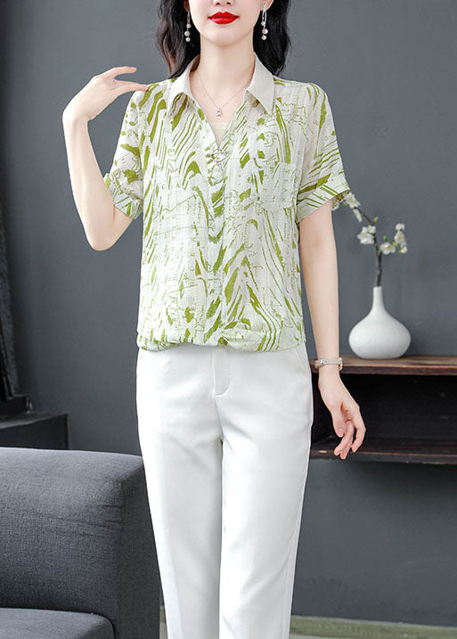 Green Print Chiffon Shirts Peter Pan Collar Short Sleeve