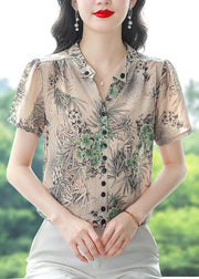 Green Print Chiffon Top V Neck Button Summer