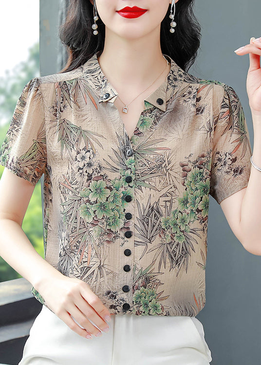 Green Print Chiffon Top V Neck Button Summer