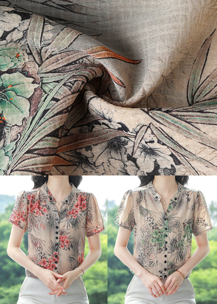 Green Print Chiffon Top V Neck Button Summer