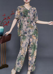 Green Print Chiffon Two Pieces Set Chinese Button Summer
